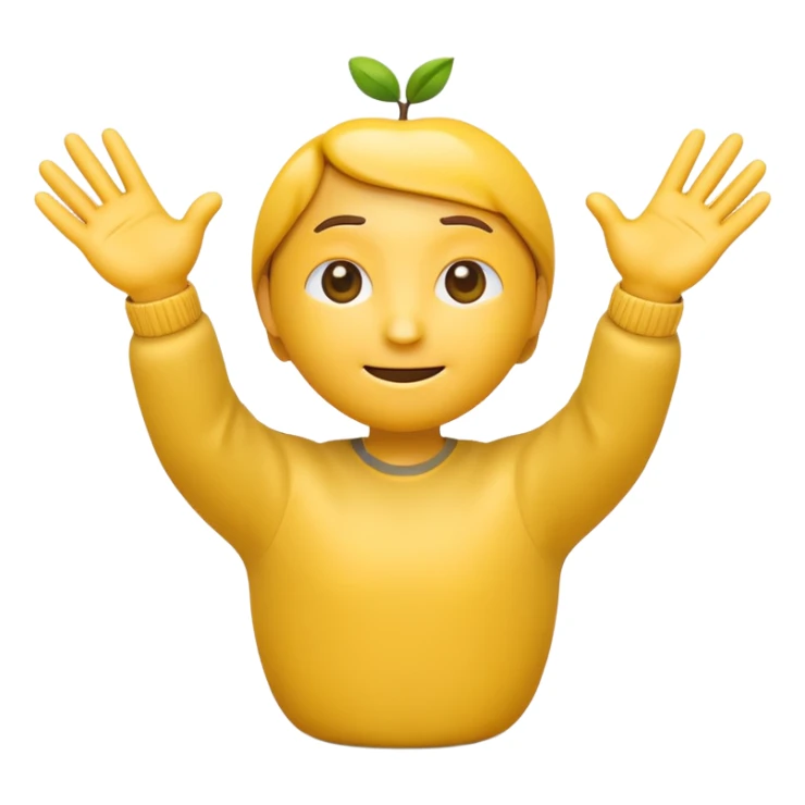 A 3D Apple-style yellow emoji character, classic round shape, with both hands raised and palms open in a shrug gesture, expressing “no” or “nothing,” slightly tilted head, small frown, simple cartoonish eyes, minimal shadows, clean background sticker