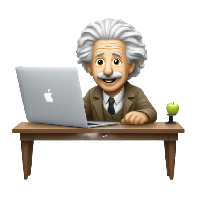 albert einstein happy sitting in the chair with apple macbook sticker