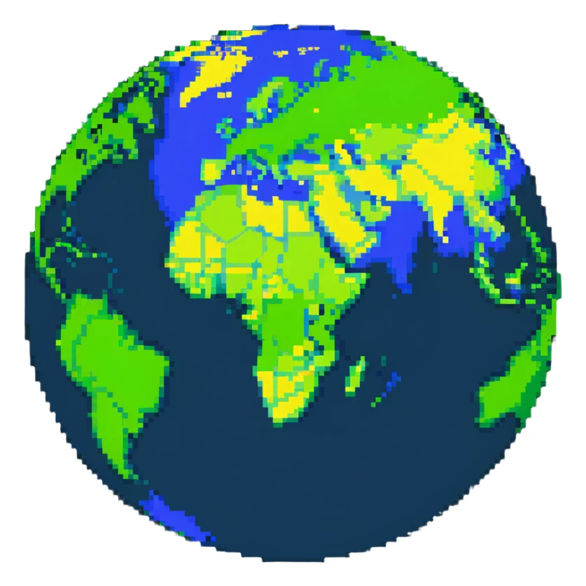 A pixelated world globe showing blue oceans and green continents sticker