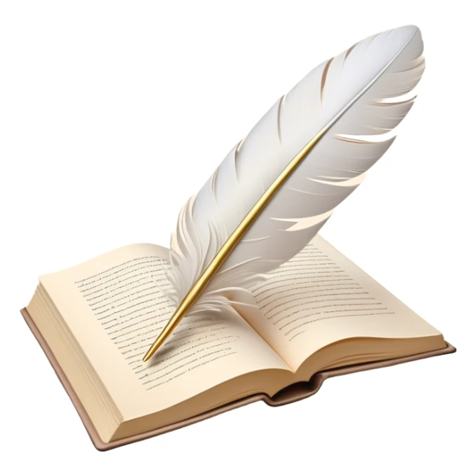 Create a delicate and elegant emoji representing poetry. The design should feature several gracefully flying pages with short poetic lines written on them. A white feather quill should be gently resting on one of the pages or floating nearby, symbolizing creativity and inspiration. The pages should look soft and flowing, evoking the fluid nature of poetry. Use a subtle color palette with white, light pastels, and a touch of gold for accents. Make the background transparent. sticker