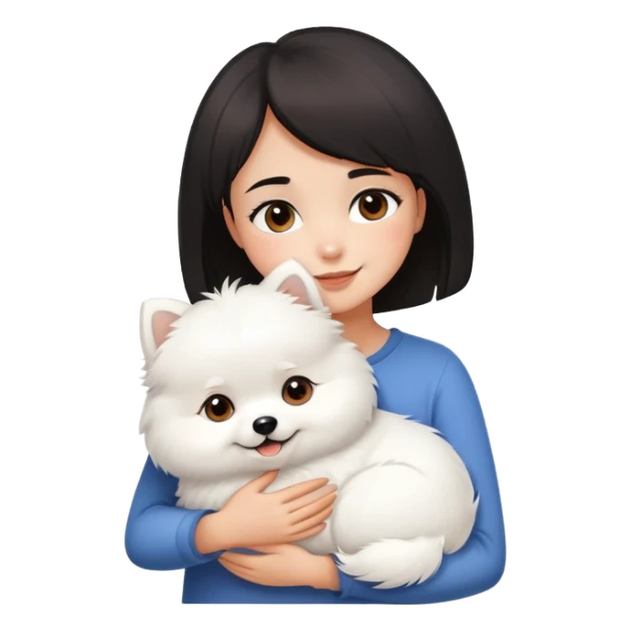 A black short-haired girl happily hugs a white Pomeranian sticker