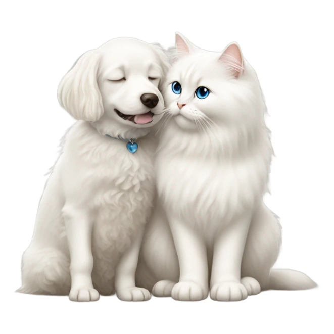 White doodle dog kissing a white ragdoll cat sticker