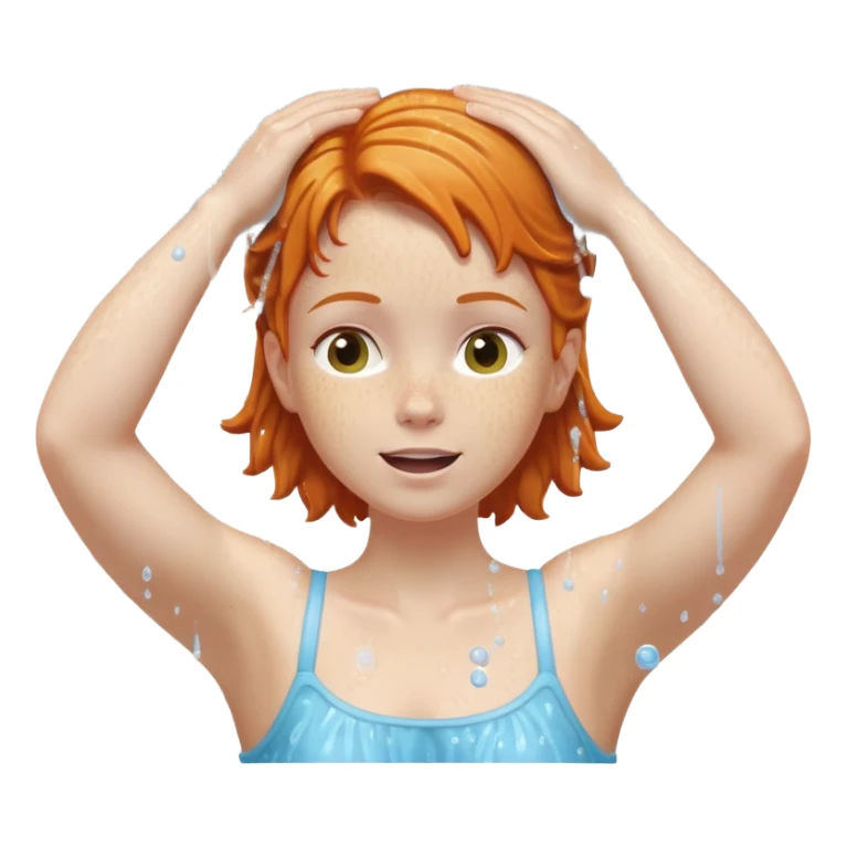 Ginger girl arms up hands on head shower washing hair soapy bubbles sticker