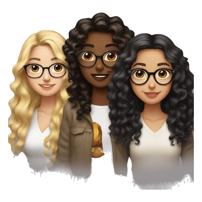 Three best friends, one curly black wavy hair with glasses, another one medium long brown hair with glasses, the other one balayage blonde  sticker