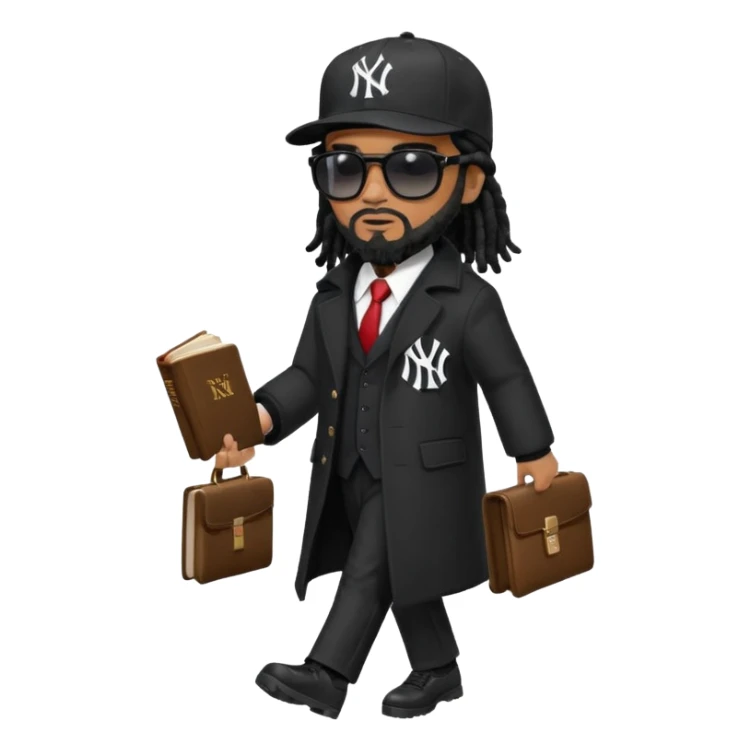 African American man with shoulder length black dreadlocks with black beard wearing black sunglasses wearing a black bubble winter coat wearing a black New York Yankees logo baseball cap wearing a suit and tie walking with a Bible sticker