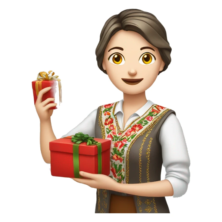A female teacher in Ukrainian embroidery holds a gift in her hand sticker