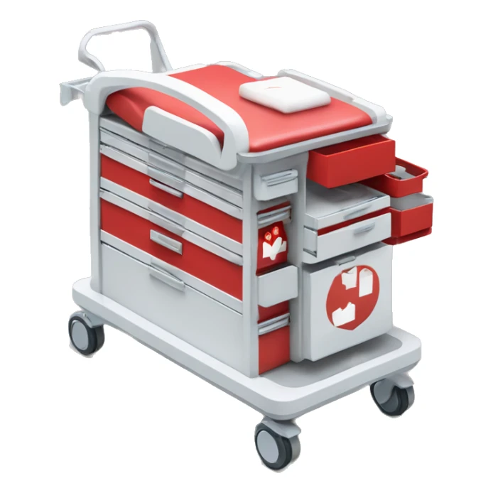 Singular Red medical crash cart is a mobile, multi-drawer unit designed to store and organize emergency medical supplies and equipment and a cardiac defibrillator on top sticker