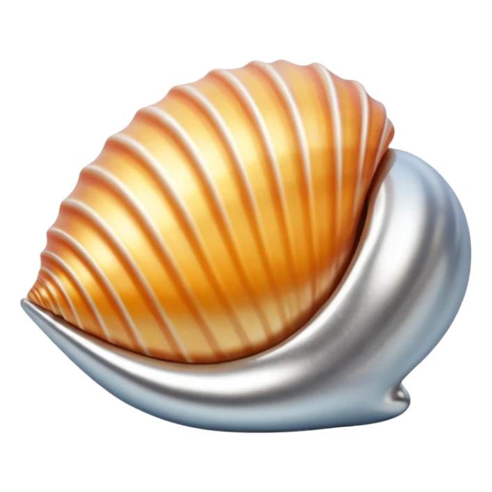 A seashell emoji made of polished silver chrome, smooth curved surface, reflective metallic highlights, elegant minimal design, iOS emoji style, centered, clean white background, soft lighting sticker