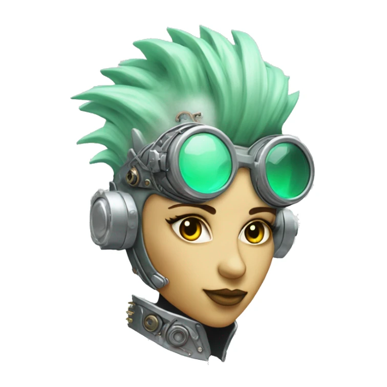 Pastel green Mohawk female cyborg head with silver steampunk goggles sticker