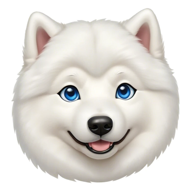 Cinematic Cute Samoyed Portrait Emoji, Head tilted playfully and inquisitively, featuring a fluffy, pristine white Fur with a natural sheen, round, sparkling blue eyes filled with curiosity, Simplified yet irresistibly adorable features, highly detailed, glowing with a warm, friendly glow, high shine, affectionate and lively, stylized with a touch of whimsy, bright and endearing, soft glowing outline, capturing the essence of a mischievous yet loving companion, so playful it feels like it could frolic out of the screen and into your arms! sticker