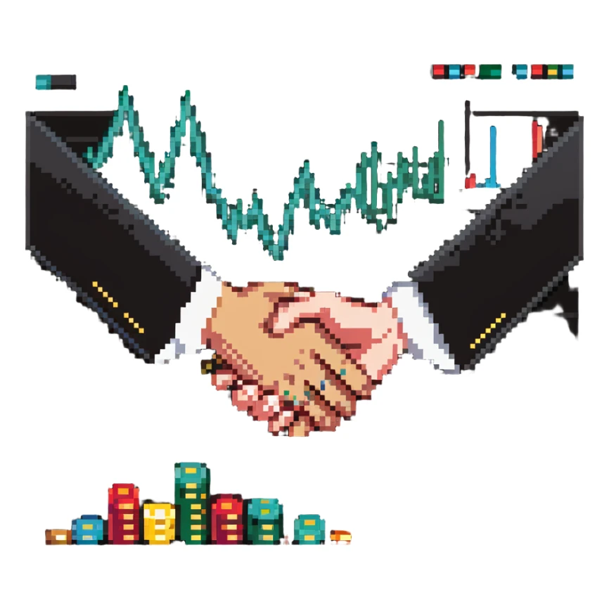 scene of two people shaking hands over a table with charts and coins sticker