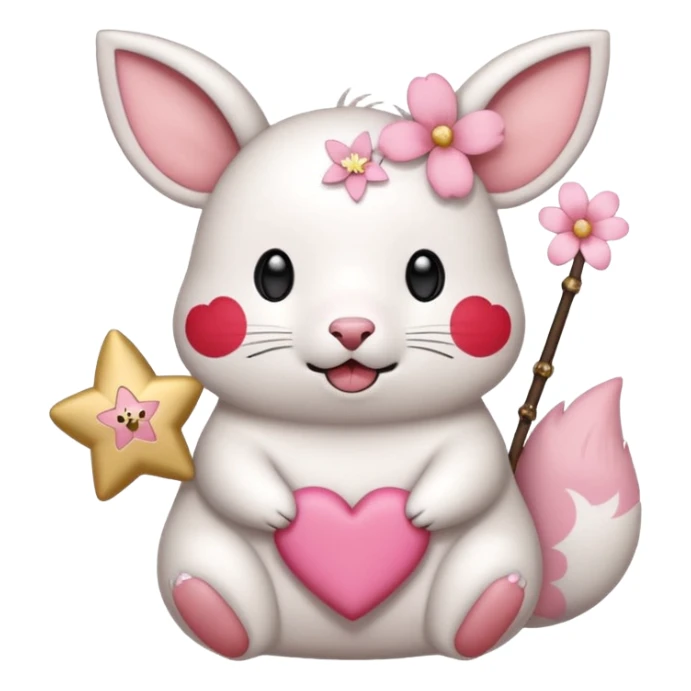 GENERATE ME A MOMONGA WHITE ANIMAL  FROM CHIIKAWA AND PUT A SAKURA FLOWER ON HIS HEAD AND A STAR PELT ON HIS BELLY AND A HEART PURSE ON HIS ARM WITH HIS FACE MAKE HIS TOUNGE STICK OUT WITH A LITTLEPINCH OFDROOL AND MAKE HIM ANIME STYLED ART sticker