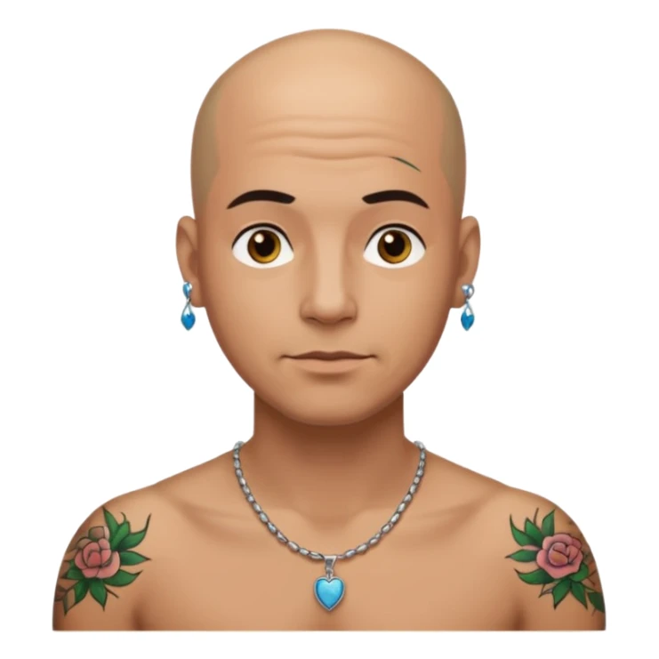 a bald man wearing necklace, having tattoo sticker