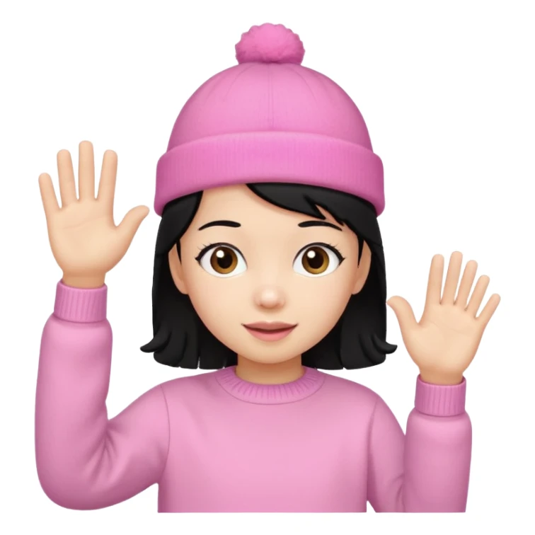 Kid in pink hat and jumper waving, black hair sticker
