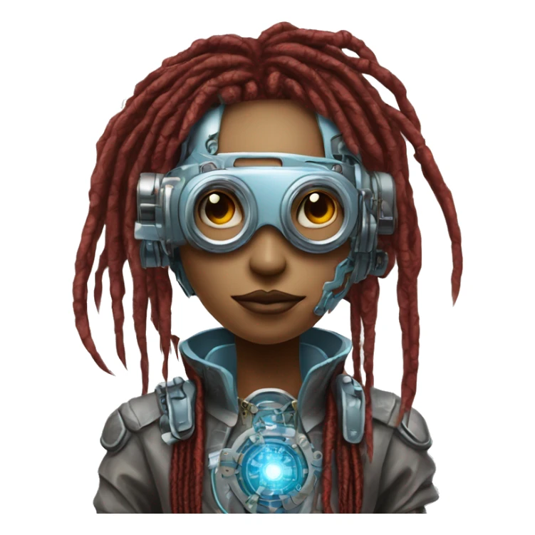 Light blue long dreadlocks female cyborg head with red steampunk goggles and circuits sticker