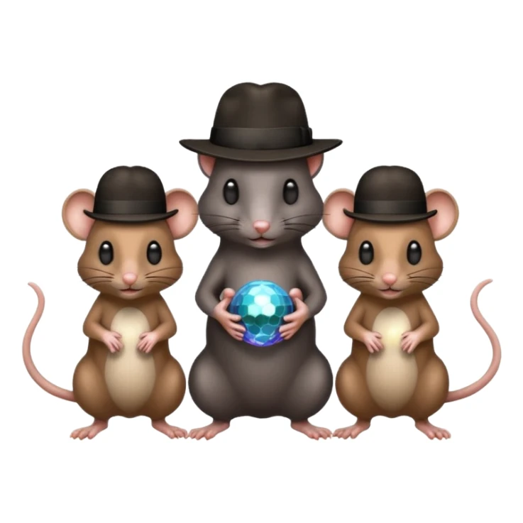 A black rat wearing a fedora standing between two brown rats wearing fedoras holding a disco ball sticker