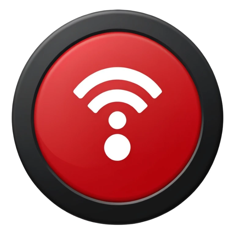 Minimalist “No Wi-Fi” icon, flat vector style on white background. A clean black Wi-Fi signal symbol inside a bold red circle with a diagonal clearly shows no internet connection or poor connection. No text, shadows, or extra details sticker