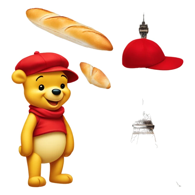 parisien style white winnie the pooh, with red beret on head and baguette in arms, and with eiffel tower in background sticker