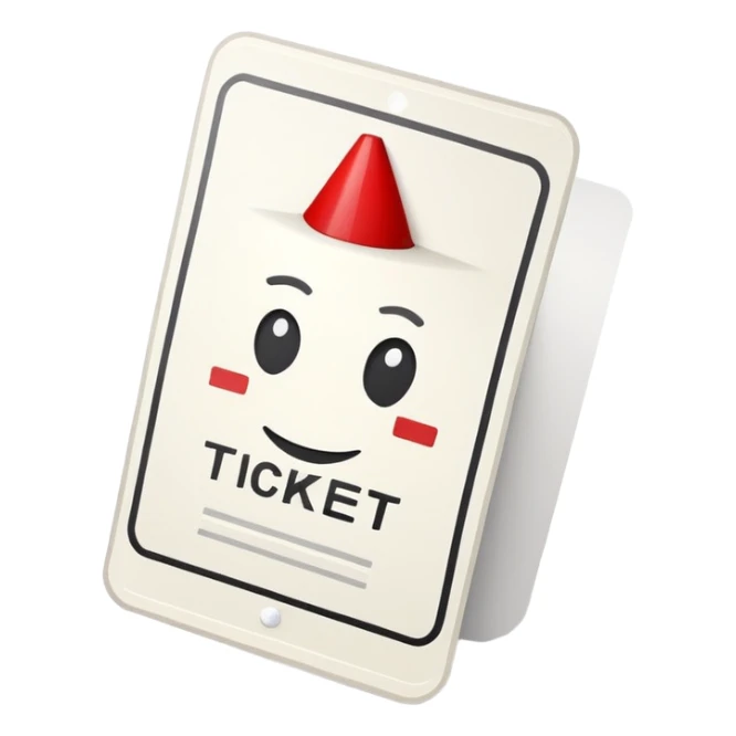 A digital emoji representing a traffic ticket. A small, slightly curved paper with printed lines, a red warning mark, and a subtle shadow. Minimalist and modern design, resembling official traffic fines sticker