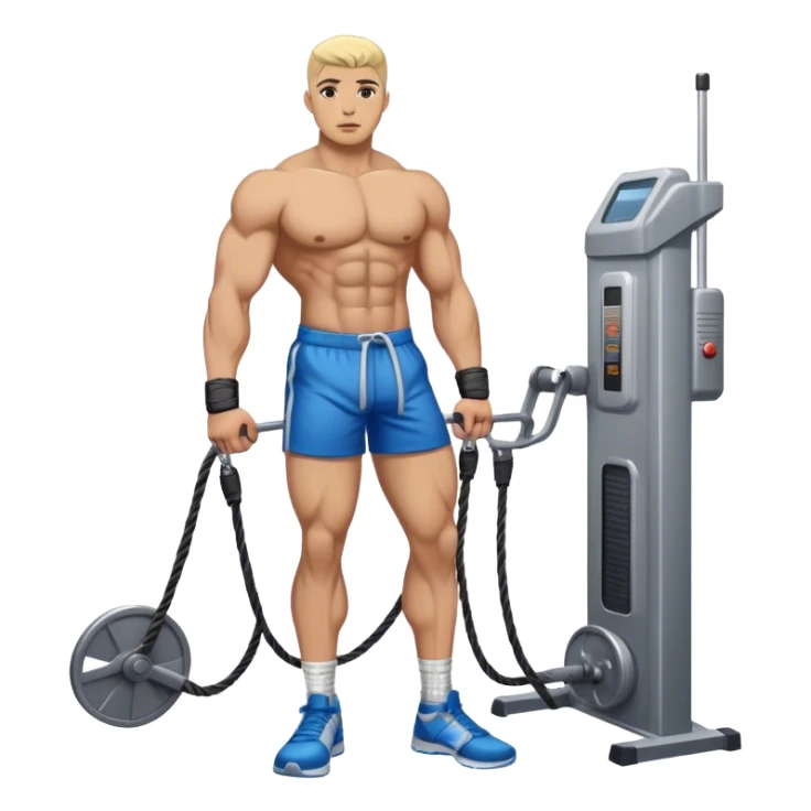 athlete standing next to cable-machine with cable tied to ankle cuffs sticker