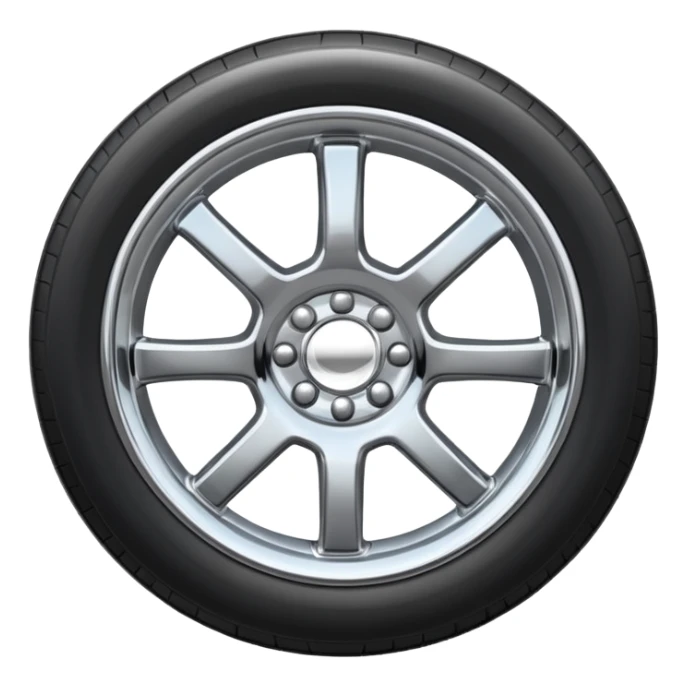 A chrome car wheel emoji, polished silver metal rim, smooth circular shape, minimal futuristic design, soft reflections, iOS emoji style, centered on white background, ultra clean look sticker