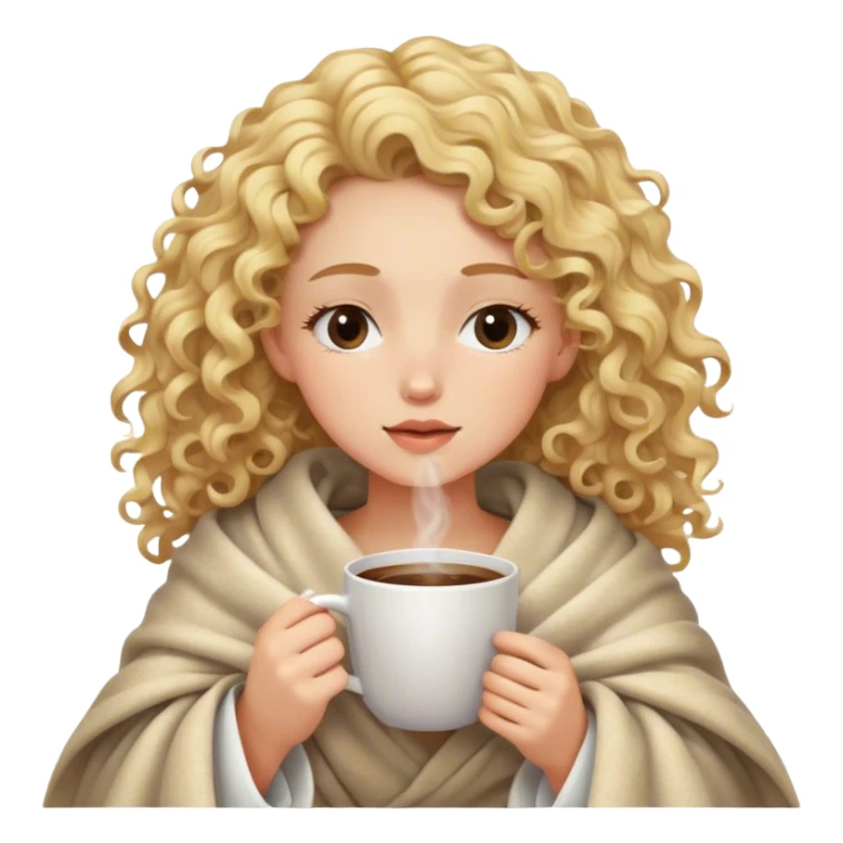 White girl blonde curly hair inside a blanket sipping coffee eyes closed sticker