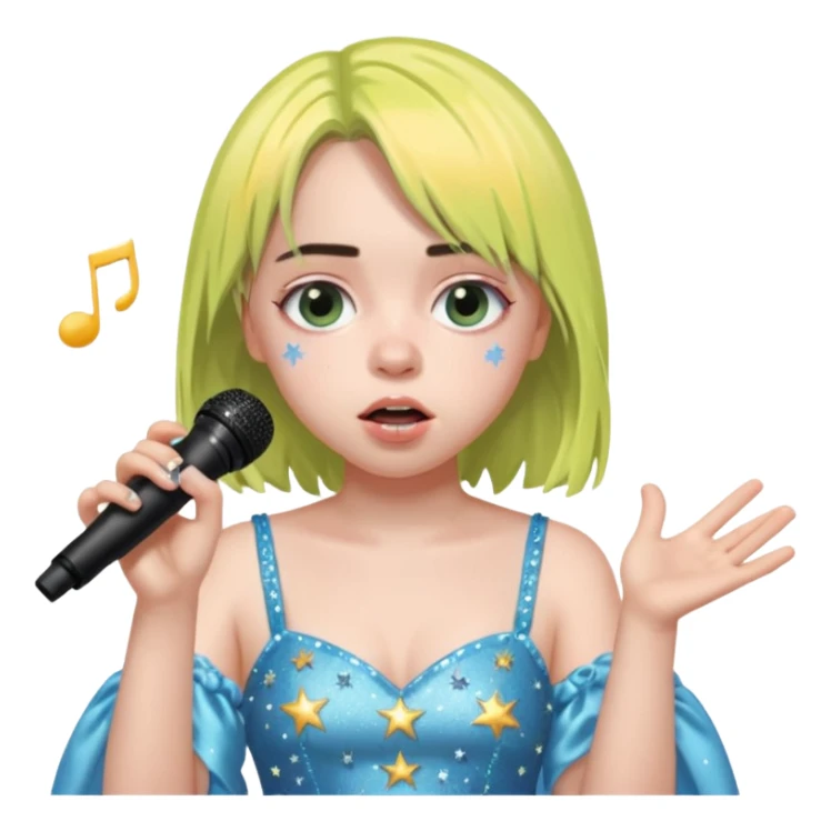 bille elish is singing, 2 hands holding mirco and twinkle dresss sticker