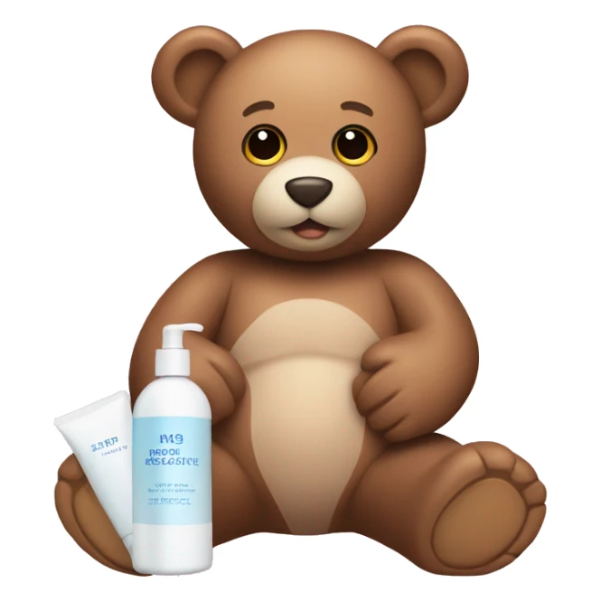 A Teddy bear holding skincare sticker
