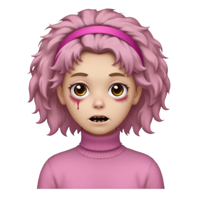 brown fluffy haired zombie with pink turtleneck sweater and hair band sticker