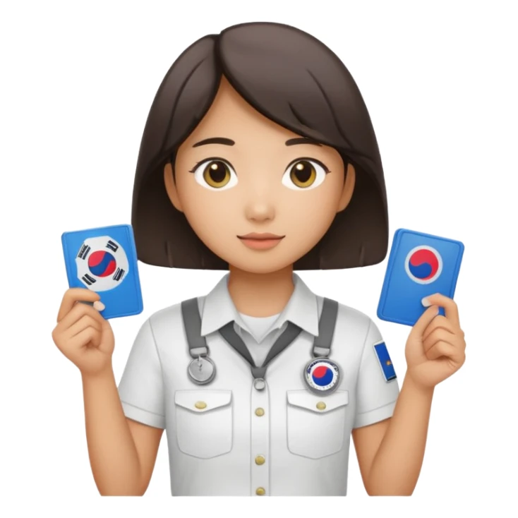 A young Asian guide holding her tour license in both hands, wearing a white shirt with the South Korea badge on her chest. sticker