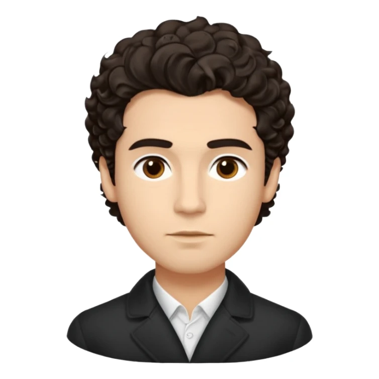 He’s a man with light to medium skin, a defined oval face, full brows, deep-set eyes, and wavy short dark brown tall puffy hair styled with height, sides are trimmed. expression calm and focused relaxed black open-collar .polished, articulate, and coach vibe. sticker