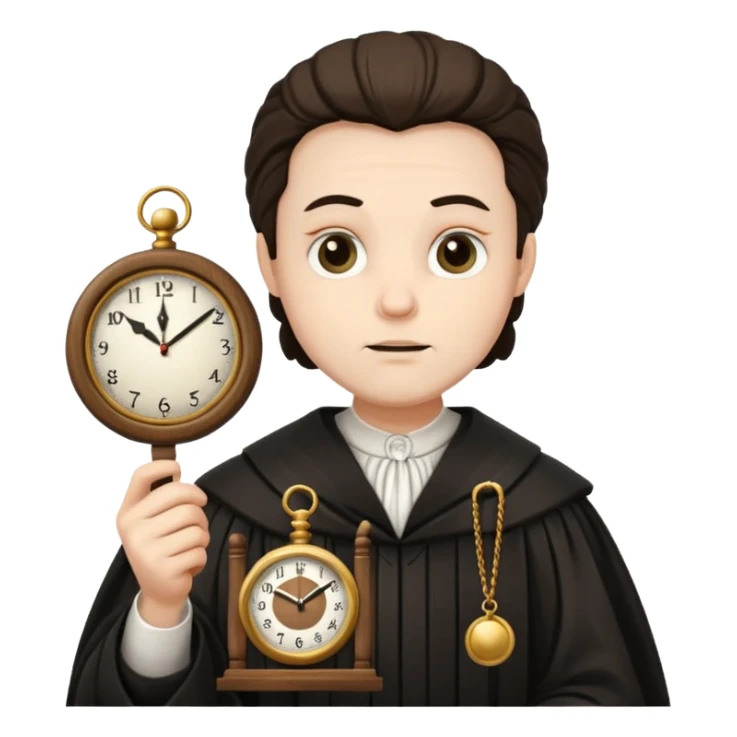 a 1600s judge with a hurried expression holding a clock that is UNFAIR sticker