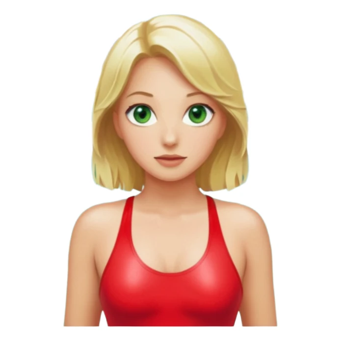 Blonde Woman, Green eyes,Red onepiece, Background Indoor pool sticker