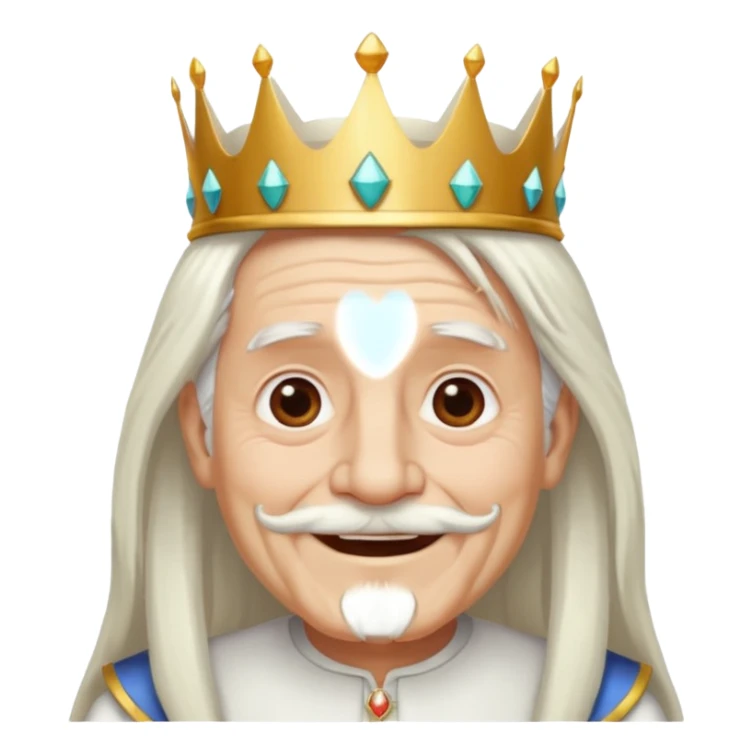 a smiling old man with long white hair and has no beard wearing a white smart shirt and a crown sticker