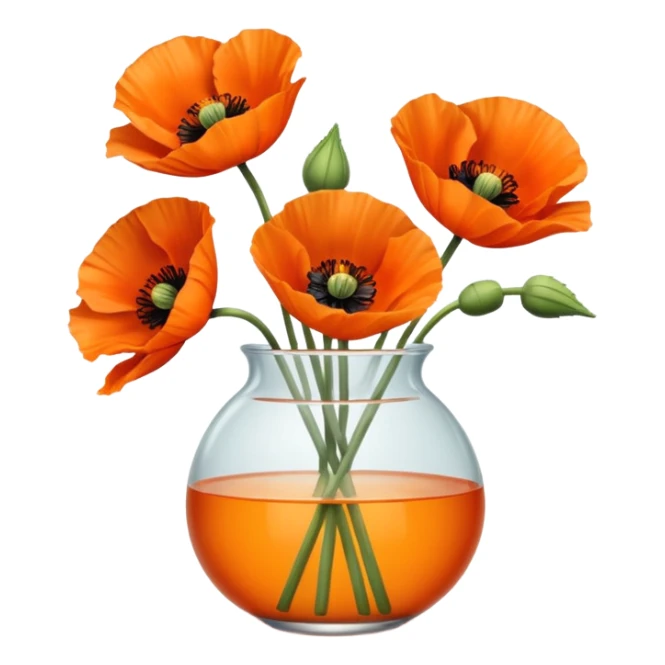 three big realistic orange poppy flowers in a clear vase with clear water sticker