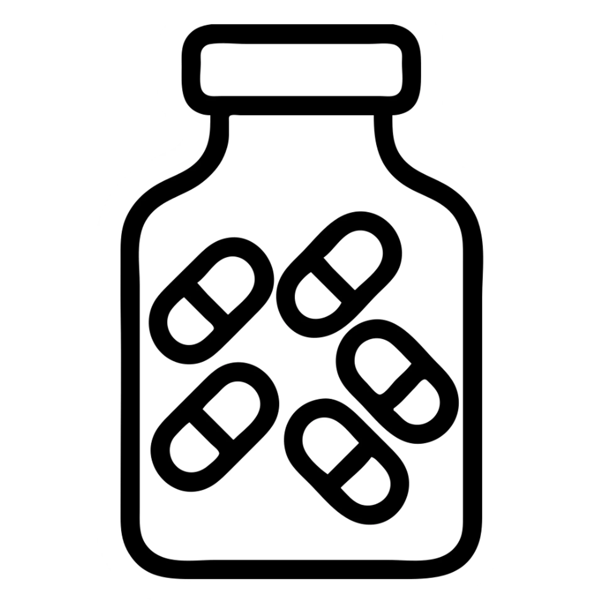 In the same minimal black and white outline style, add simple vitamin capsules inside the glass or bottle, keeping the design clean and modern, with no background. sticker