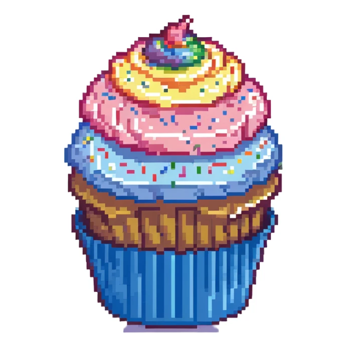 large cupcake with pink frosting, rainbow sprinkles, blue cupcake wrapper, pixel art style sticker