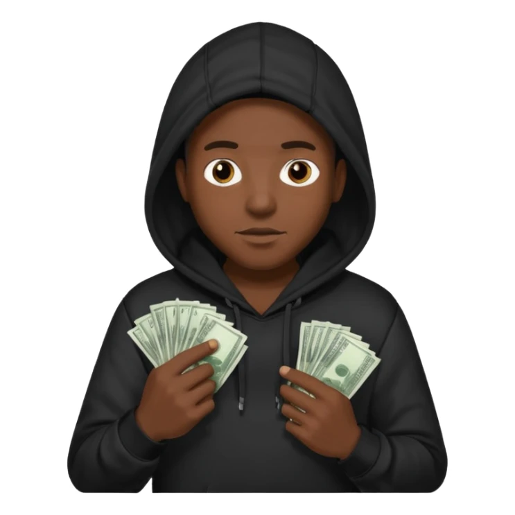 Black dude wearing a hoodie with money  sticker