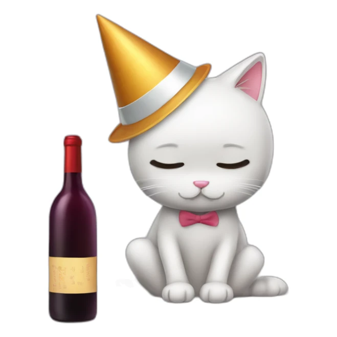 depressed tired kitty drinking wine and party hat on sticker