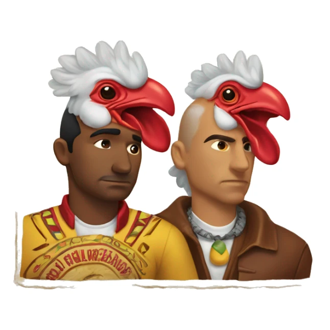 Two men with rooster heads with their backs against each other; both men wearing Mexican outfit and there is a sign around them that says “Los Pollos Hermanos” sticker