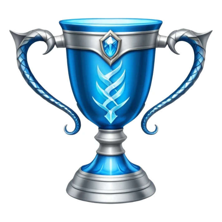 exact movie-accurate Triwizard Cup from Harry Potter, wide chalice with angular facets, two distinct silver snake handles curving upward, bright blue glow inside sticker