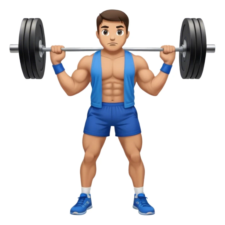 brunette buff man with blue shorts barbell-shrugs sticker