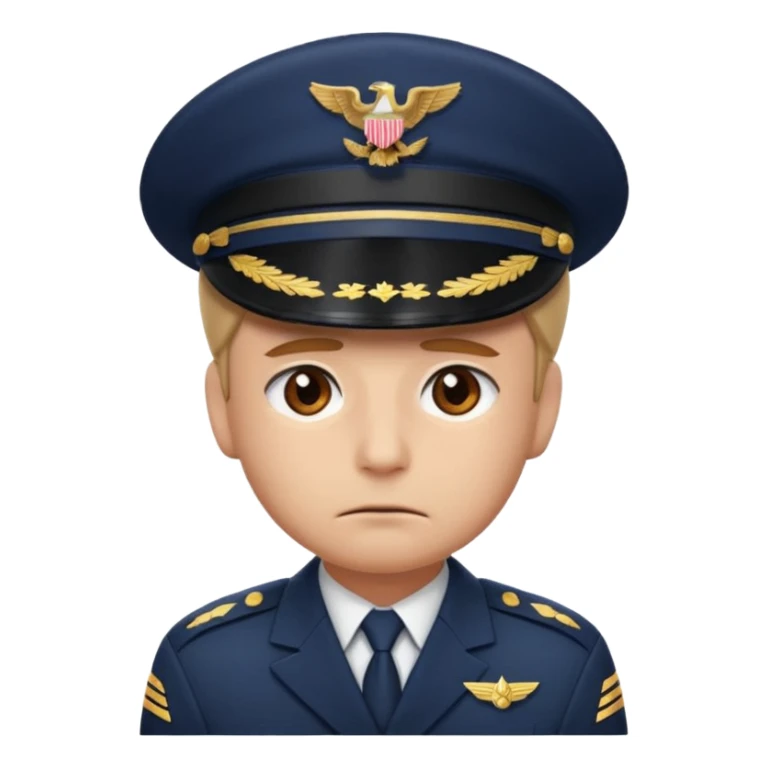 Slack-style emoji of a pilot wearing a navy captain hat feeling sad sticker