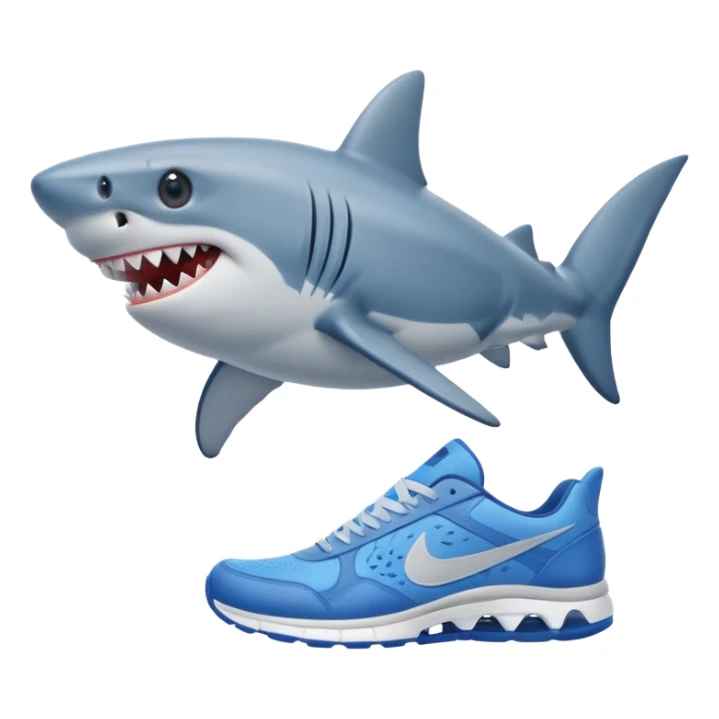 shark with two small legs, sideways, smiling, wearing blue Nike sneakers sticker