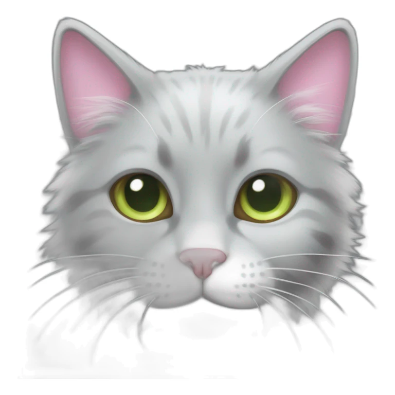 fluffy dark grey cat, small ears, pink nosel, light green eyes, white long whiskers, white spots near the nose, white breast, the cat's fur is soft. sticker
