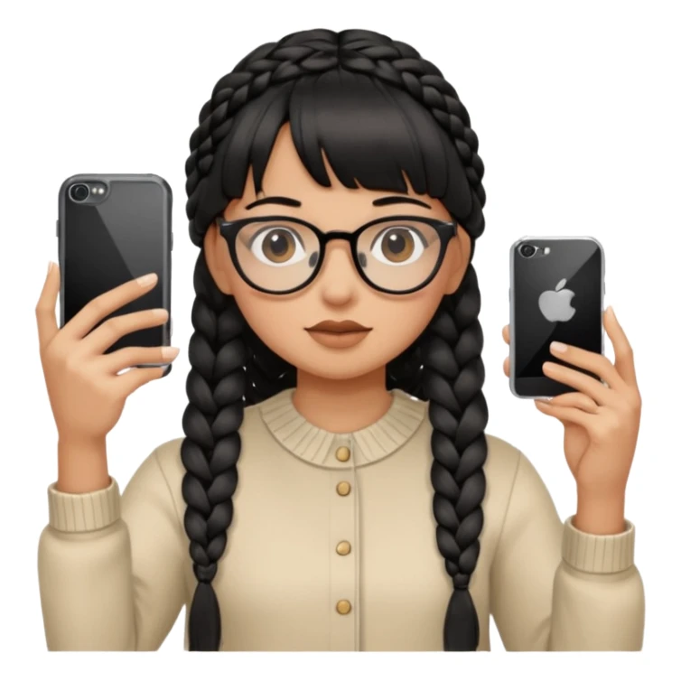 Wearing black braided hair, full bangs, and eyeglasses, taking a mirror selfie with an iPhone sticker