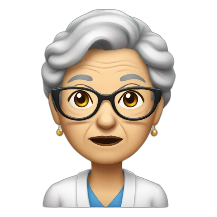An elderly woman with raised eyebrows and a dissatisfied face. She has dark hair that is pulled into a bun at the back and she is wearing cat-like glasses. sticker