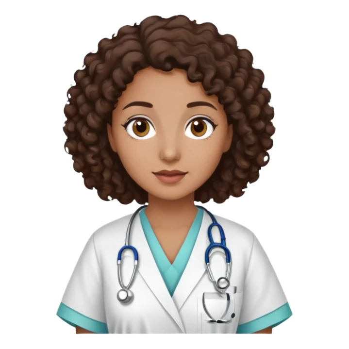 mulher com cabelo cacheado castanho escuro, pele marrom médio, olhos castanhos escuros, usando jaleco hospitalar, sem estetoscópio sticker