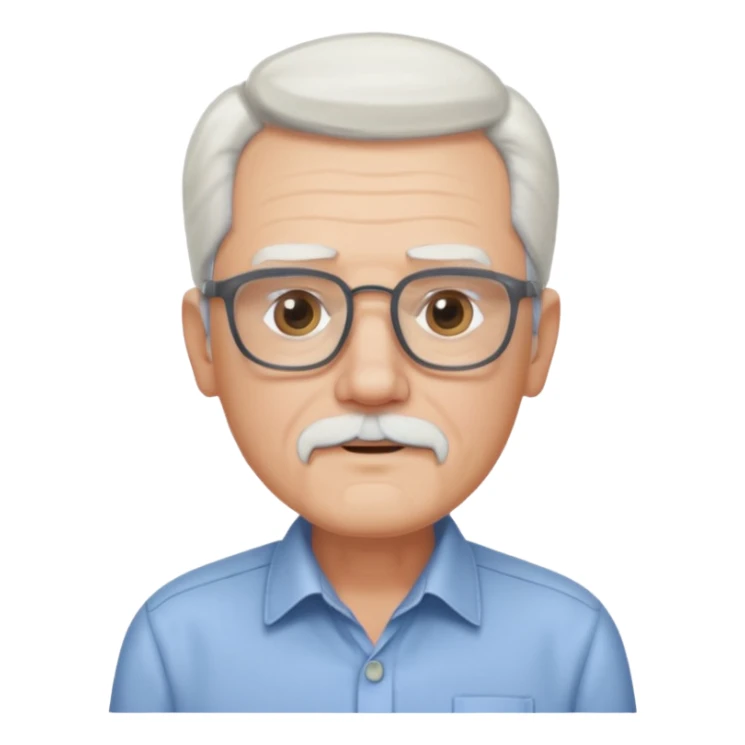 old guy, swept back white hair with no part, blocky face, rectangle frame glasses, goatee, no moustache sticker