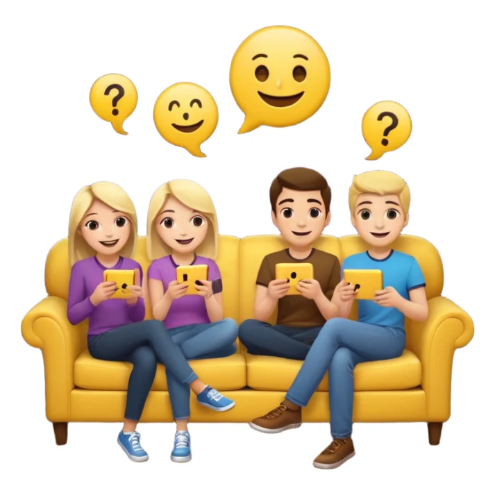 group of friends on couch playing a trivia game couch should be deep dark yellow color.  include a small wooden table in front of the couch as well.  Add 1 smiling face emoji and 2 question marks above their heads sticker